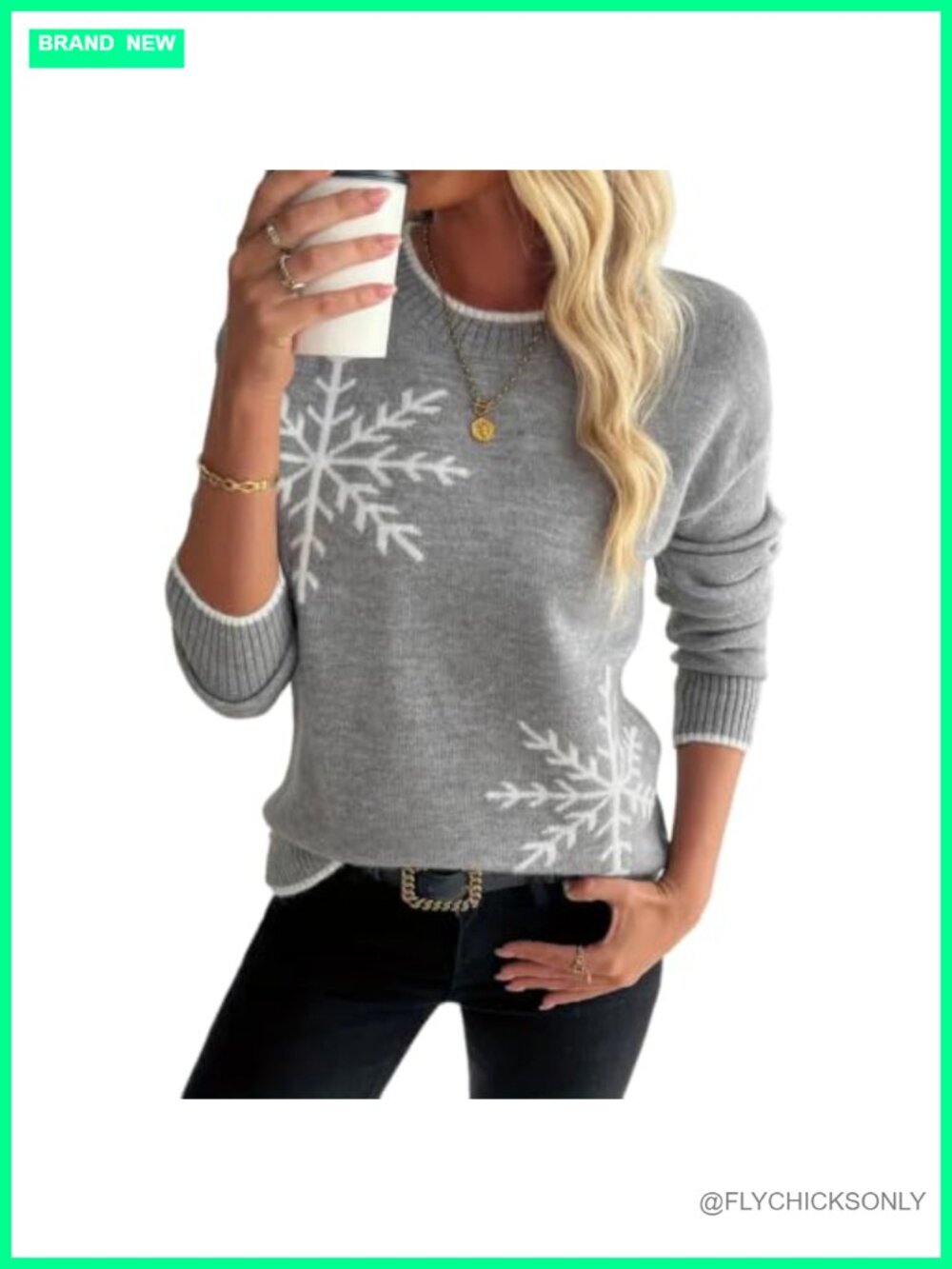 Womens Snowflake Print Crewneck Knit Pullover Sweater Fall Winter
